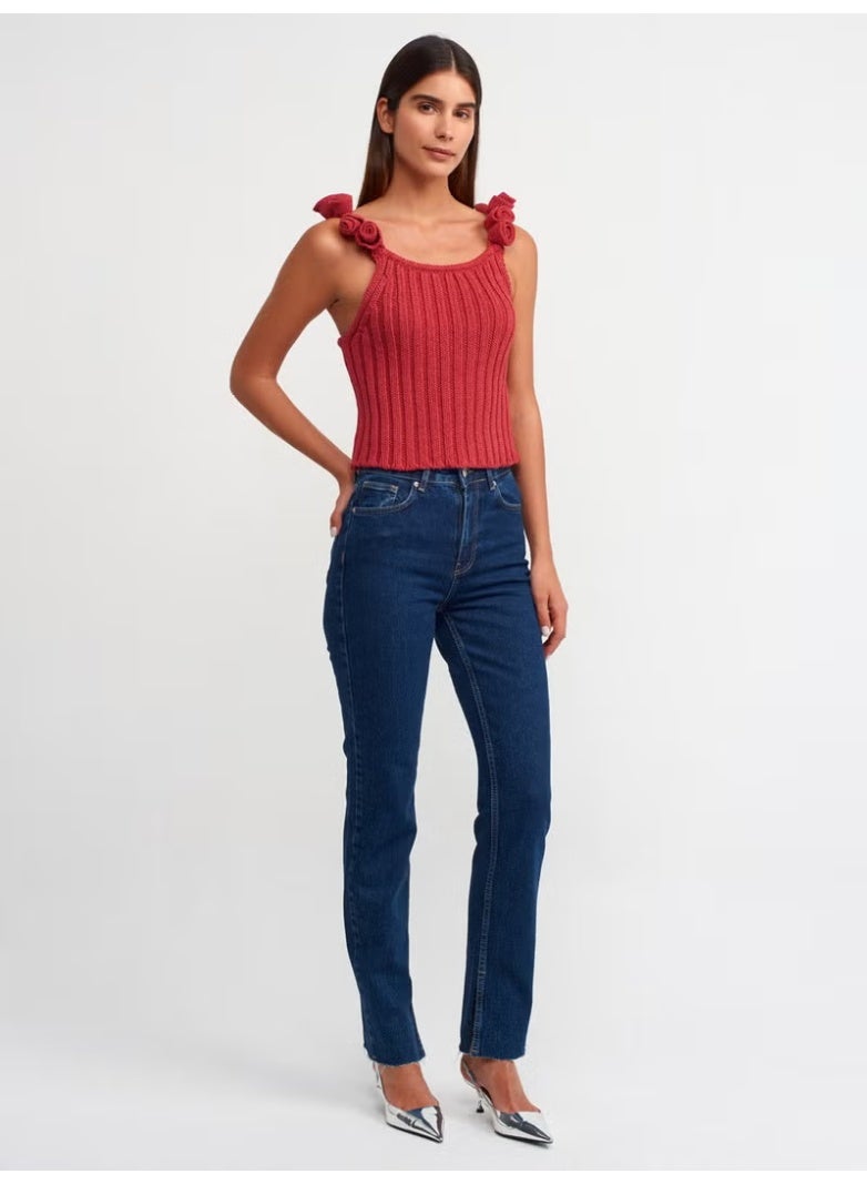 Dilvin 10524 Strappy Handmade Floral Detailed Knitwear Top-Red - Image 2